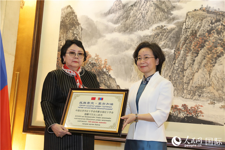 沈大使向?qū)殑跔柆敚ㄗ螅┟貢L轉(zhuǎn)交捐款,。人民網(wǎng)記者 霍文攝